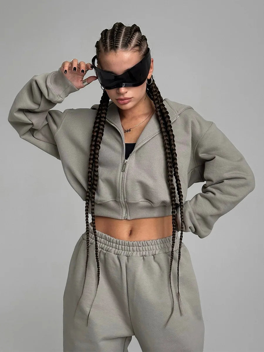 Bornladies Dames Cropped Hoodie Sweatpants Set Losse Trekkoord Taille Ritssluiting