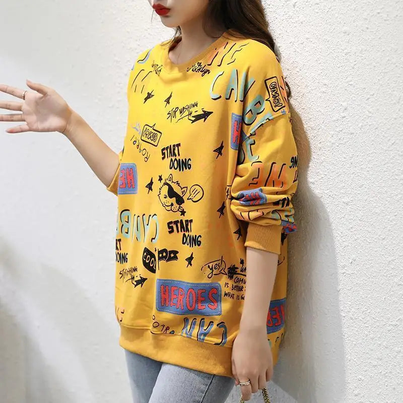Classic Fashion Printing Letter Sweatshirts Women Long Sleeve Loose O collar Slim Casual All match