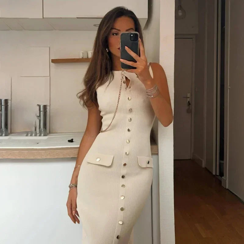 Elegante mouwloze enkelrijs geribbelde truien lange jurk voor dames hoog