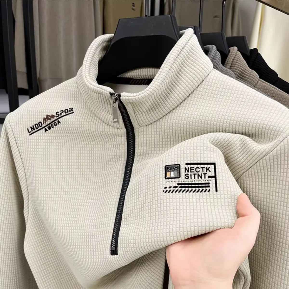 Men s Fleece Liner Sweatshirts Vintage Half Zipper Print Plaid Texture Thick Wool Warm Pullover