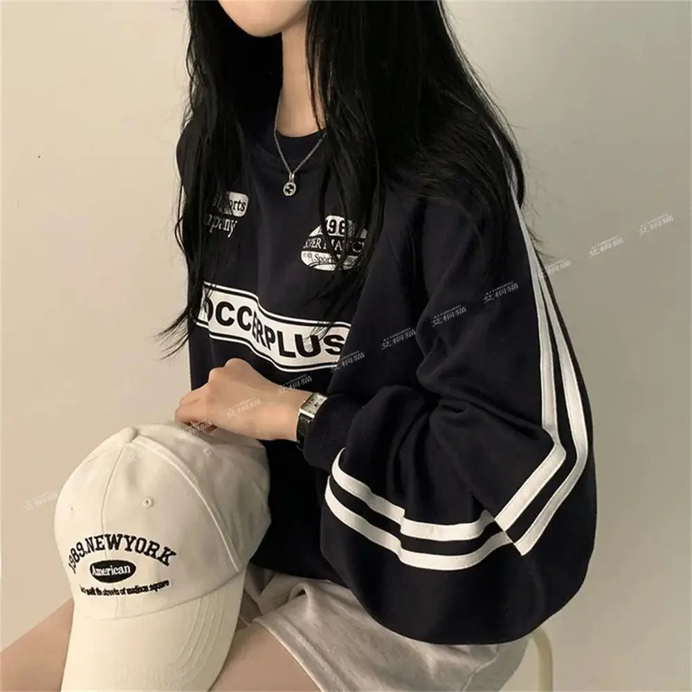 American Thin Round Neck Sweatshirt Women in Spring Autumn Korean Loose Versatile Top