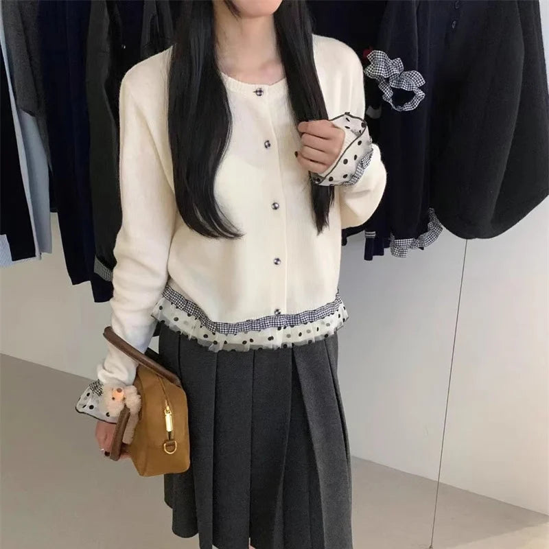 Koreaanse patchwork gebreide cardigan dames polka dot lange mouwen trui jassen