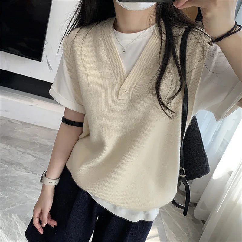 Casual Sleeveless Knitted Vest for Women Button V Neck Sweater Vest Woman Autumn