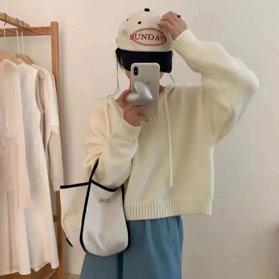 Koreaanse gebreide hoodie met capuchon, effen kleur, zachte en losse bedekking