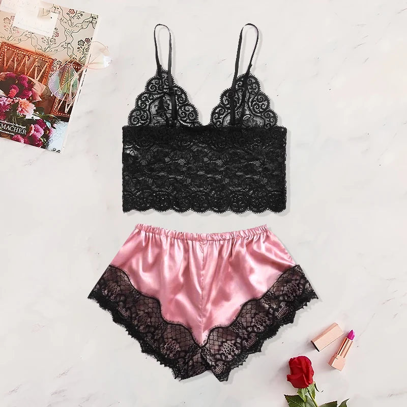 Summer 2 Pcs Women s Sexy Lace See Through Pajamas Black Pink Cute Clothes