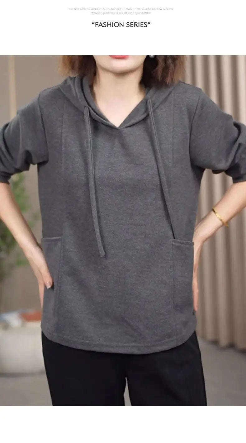 Large Pocket Meat covering Hooded Sweatshirt Women s Spring and Autumn Style Loose Hips Wear Tops