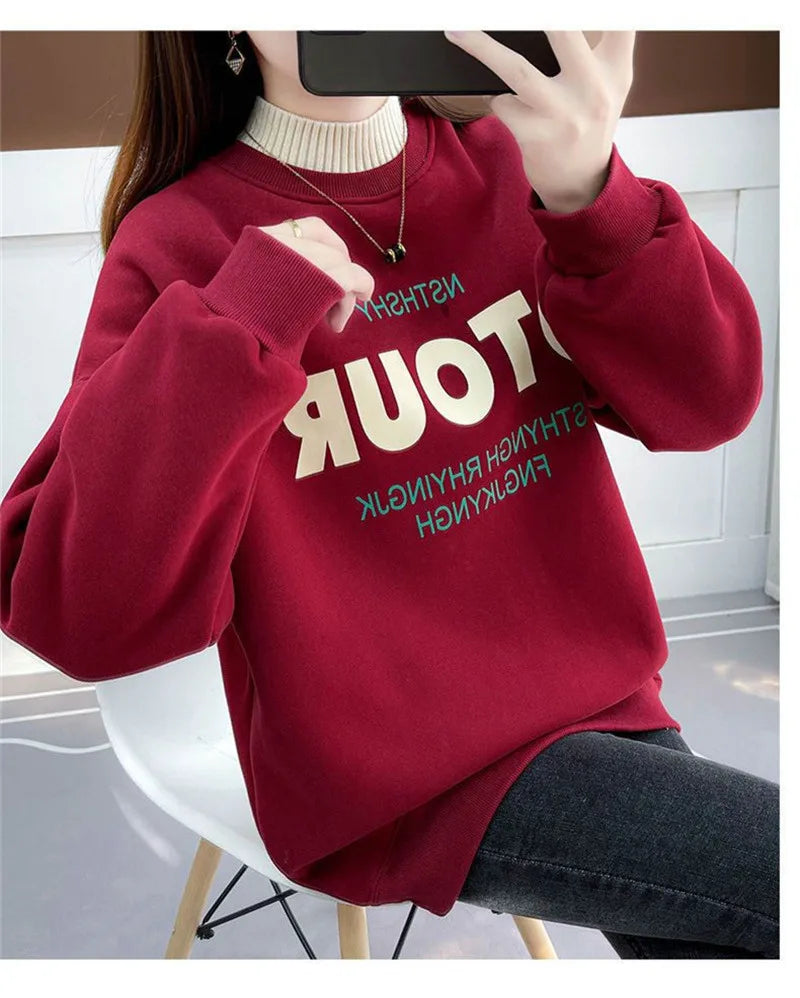 Dames Winter Koreaanse Letter Gedrukt Halfhoge Kraag Dikke Warme Streetwear Sweatshirt Vrouwelijke Casual