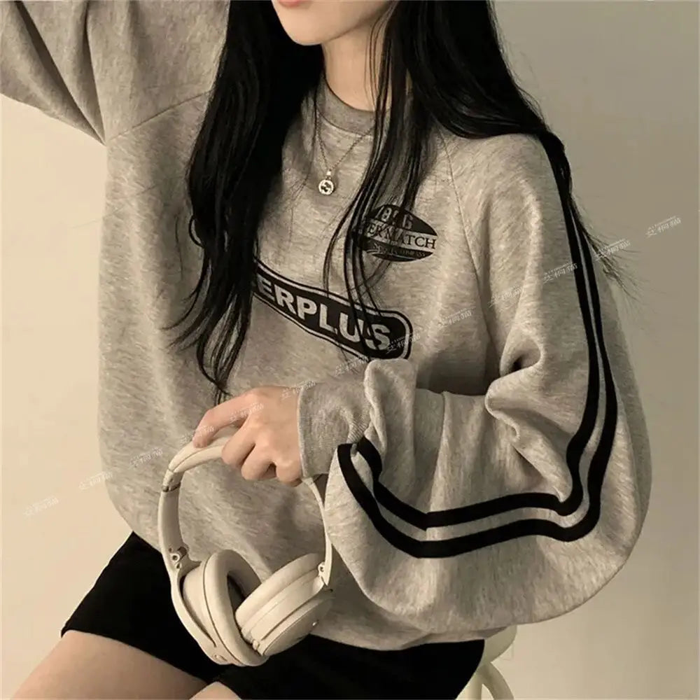 American Thin Round Neck Sweatshirt Women in Spring Autumn Korean Loose Versatile Top
