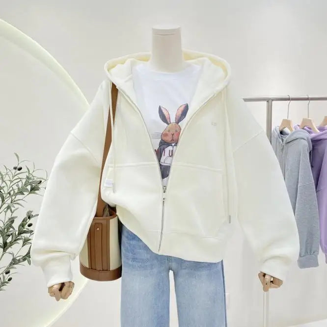 Ritsjack met capuchon, eenvoudig geborduurde letters, losse effen kleur, cardigan, trui, damestop