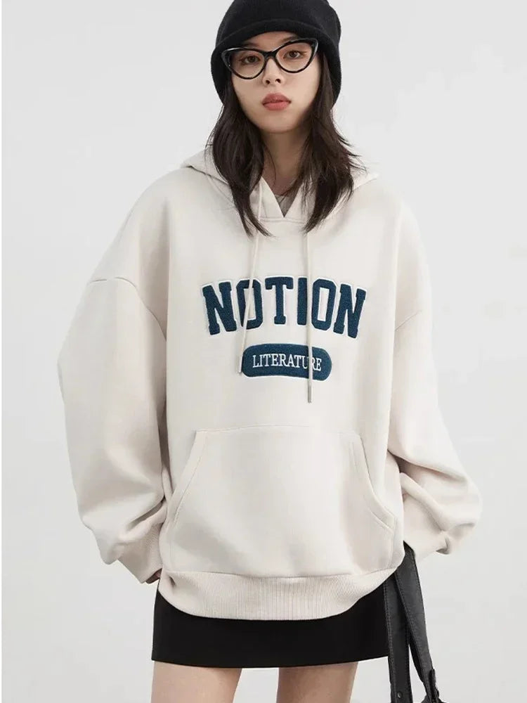 Chic VEN Women Sweatshirts Loose Casual Oversized Hooded Letter Patch Hoodie Female Fleece Woman Top