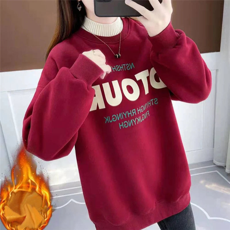 Dames Winter Koreaanse Letter Gedrukt Halfhoge Kraag Dikke Warme Streetwear Sweatshirt Vrouwelijke Casual