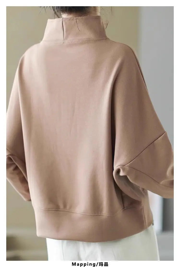 Fashionable and Casual Stand up Collar Sweatshirt Women in Spring and Autumn Loose Semi zipper