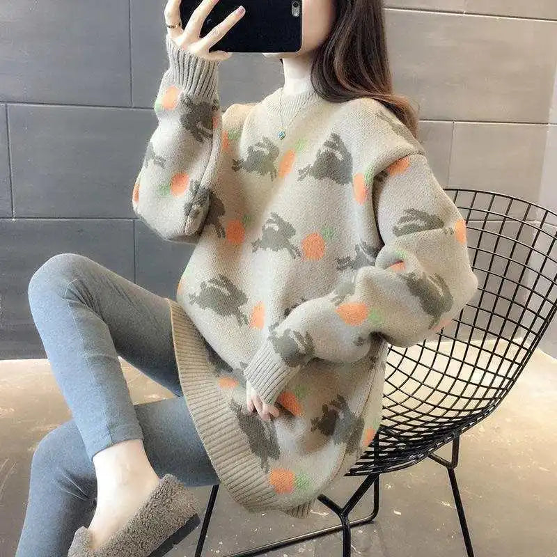 Retro Medium to Long Length Outerwear Fashionable Versatile Women s Sweater Wide Elastic Knitted