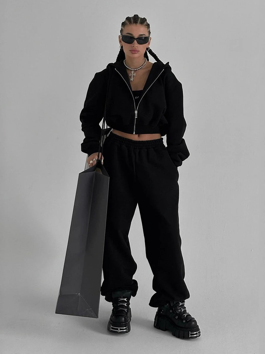 Bornladies Dames Cropped Hoodie Sweatpants Set Losse Trekkoord Taille Ritssluiting