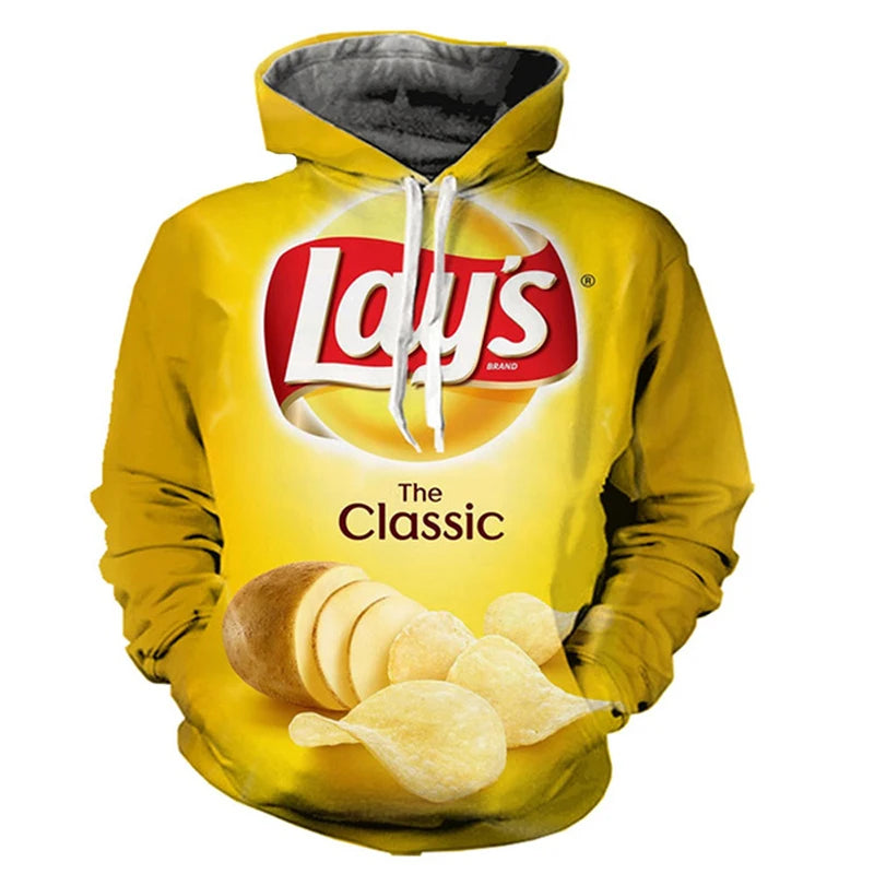 Snacks Funny Hoodies Men Fashion Potato Chips 3D Printed Long Sleeve Sweatshirts Women Casual