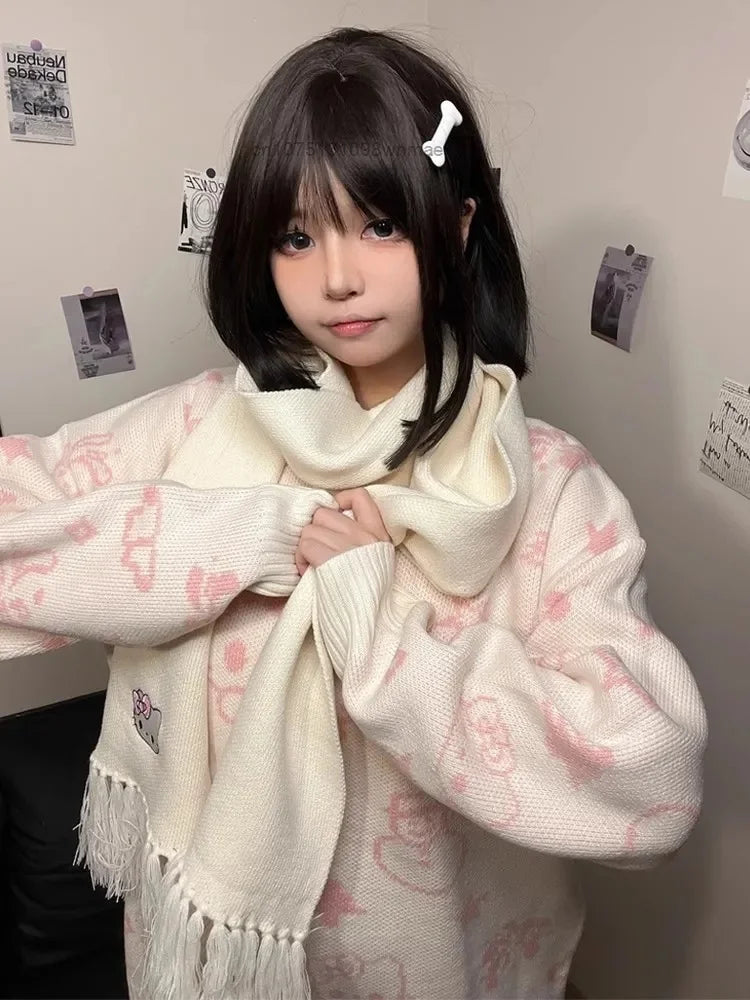 Kerst Hello Kitty schattige gebreide trui met sjaal voor vrouwen Y2k