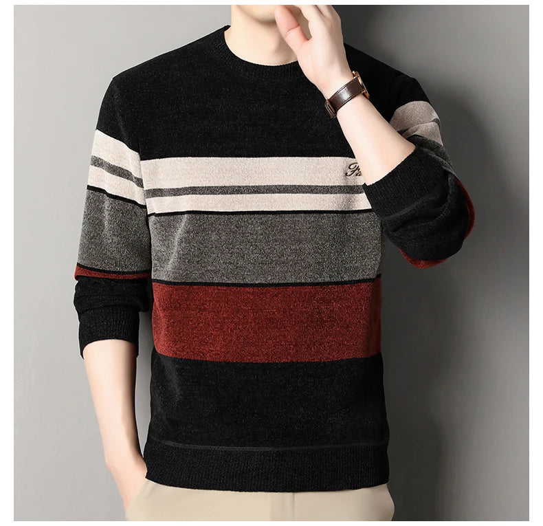 Mens Chenille Sweaters Fashion Knitting Pullover Striped Men s Autumn Winter Top Clothes Round