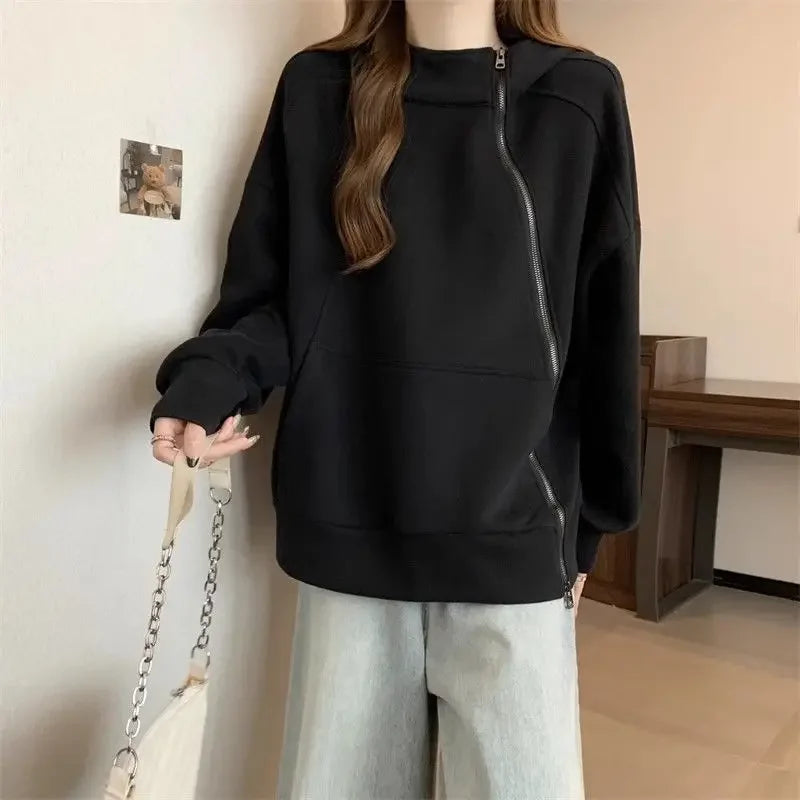 Plus Size Women Belly covering Hooded Diagonal Zipper Long sleeved Sweatshirt for Fat Girls Loose