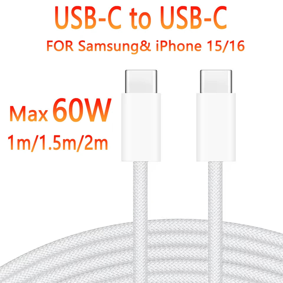 60W nylon gevlochten USB C naar USB C snellaadkabel voor iPhone 16, 15, Samsung