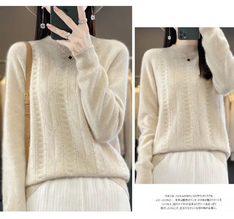 Women Stylish Simple Hollow Soft Cashmere Basic Knitted Sweater Solid O Neck Long Sleeve Loose