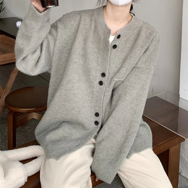Single Breasted Knitted Cardigan for Women Loose Crew Neck Long Sleeve