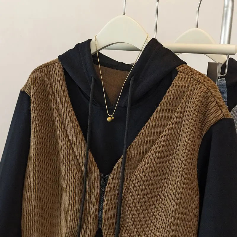 Hooded Fake Two-piece Spliced lange mouwen Sweatshirt Herfst en Winter Slim Top