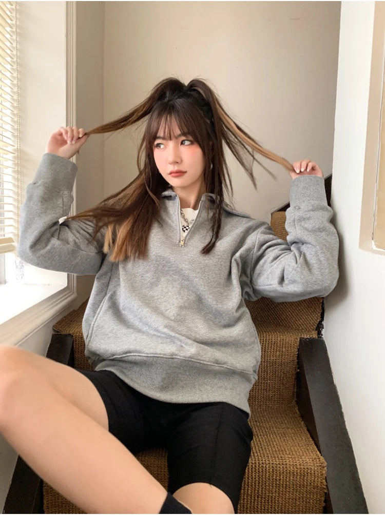 Herfst Winter BM Collar Polo Hoodie met rits voor dames met dikke fluweel en losse capuchon