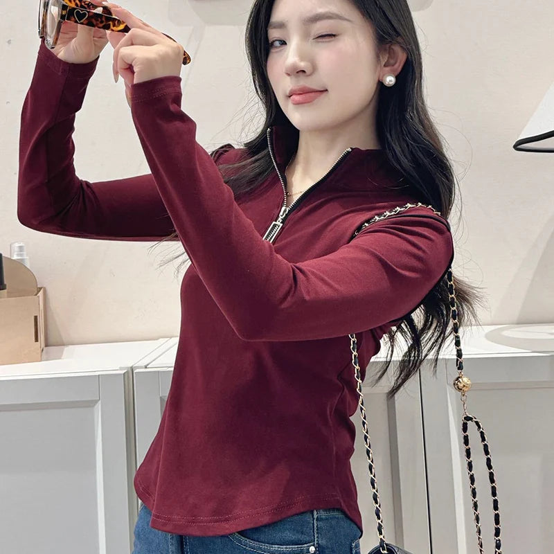 Koreaanse ritsen lange mouwen T-shirt voor vrouwen staande kraag slim fit trui vrouw