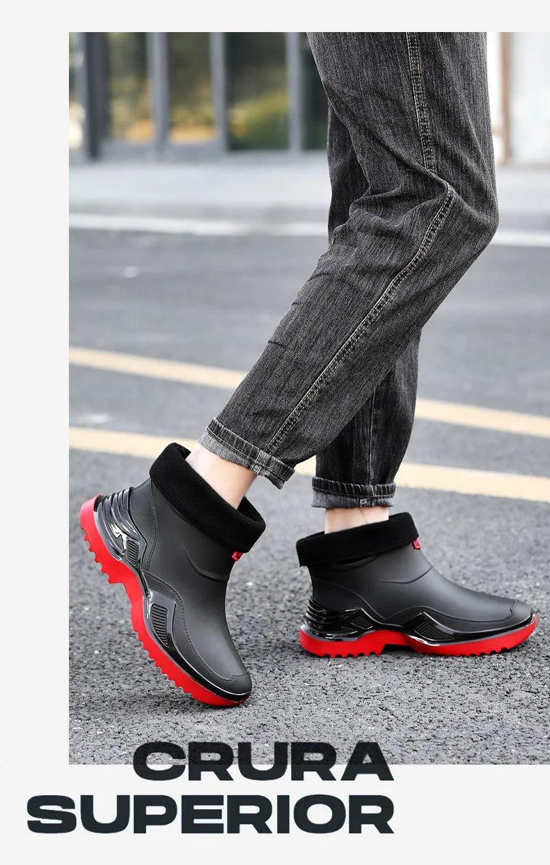 Korean Style Short Sporty Rain Boots Thickened Wide Comfortable Men s Slip On Water Shoes Anti