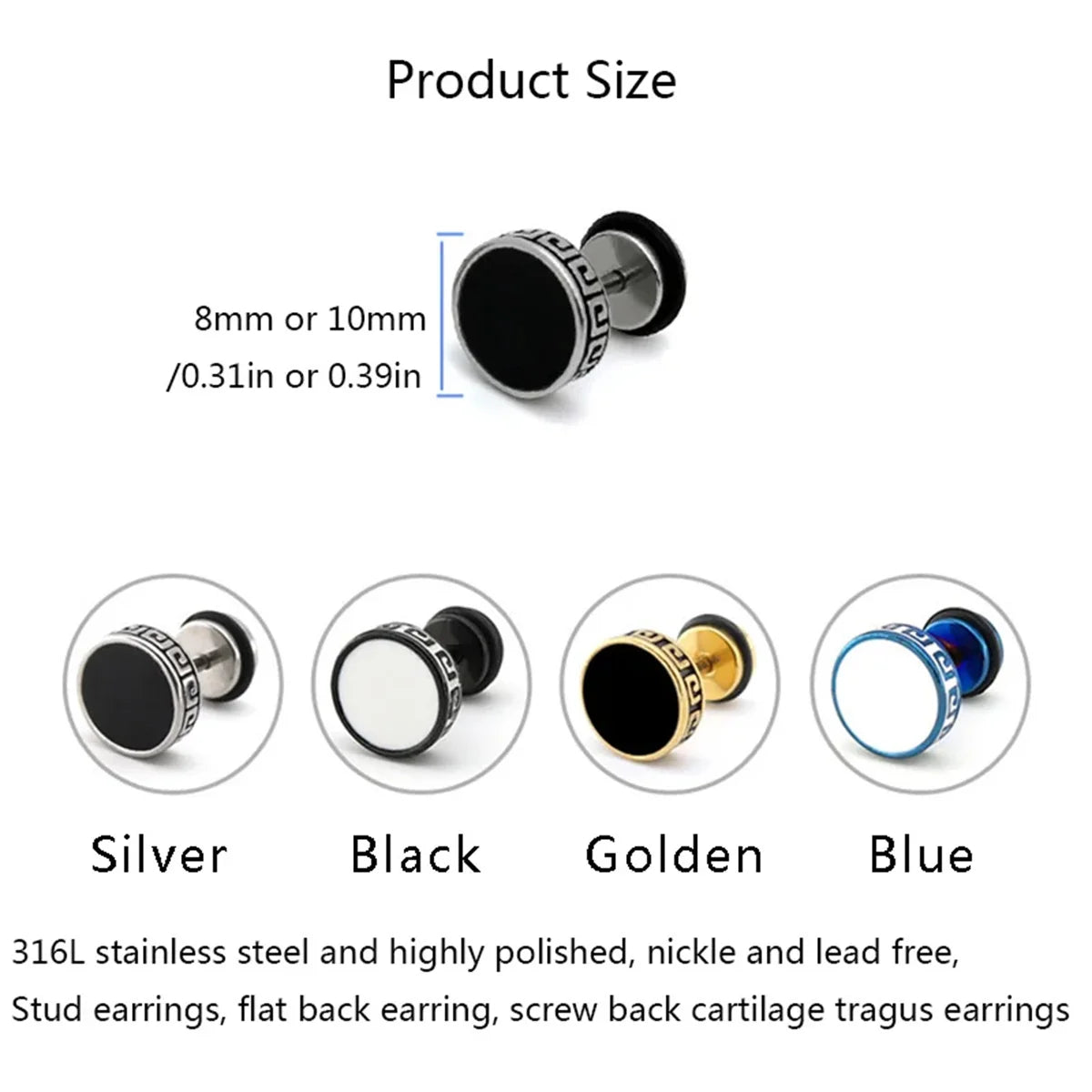 2pcs 316l Stainless Steel Vintage Flat Back Stud Earrings for Men Women