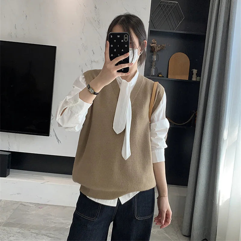Casual Sleeveless Knitted Vest for Women Button V Neck Sweater Vest Woman Autumn