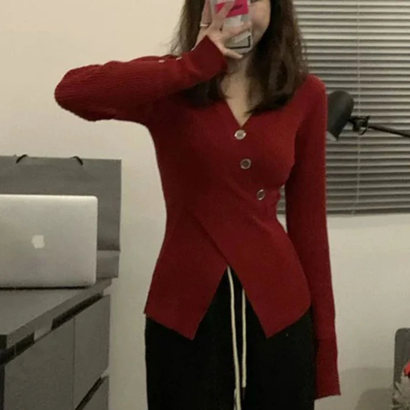 Sexy Slim Fit V-hals Trui Dames Herfst Winter Split Lange Mouw Gebreid