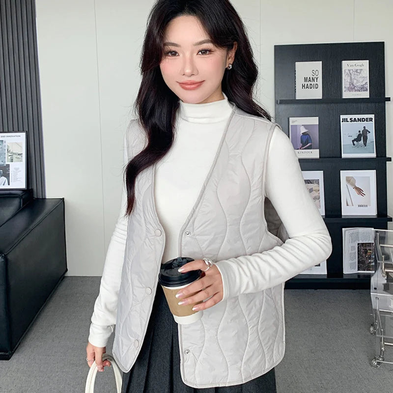 Lichtgewicht katoenen vestjas voor dames, Koreaanse V-hals, warm, mouwloos