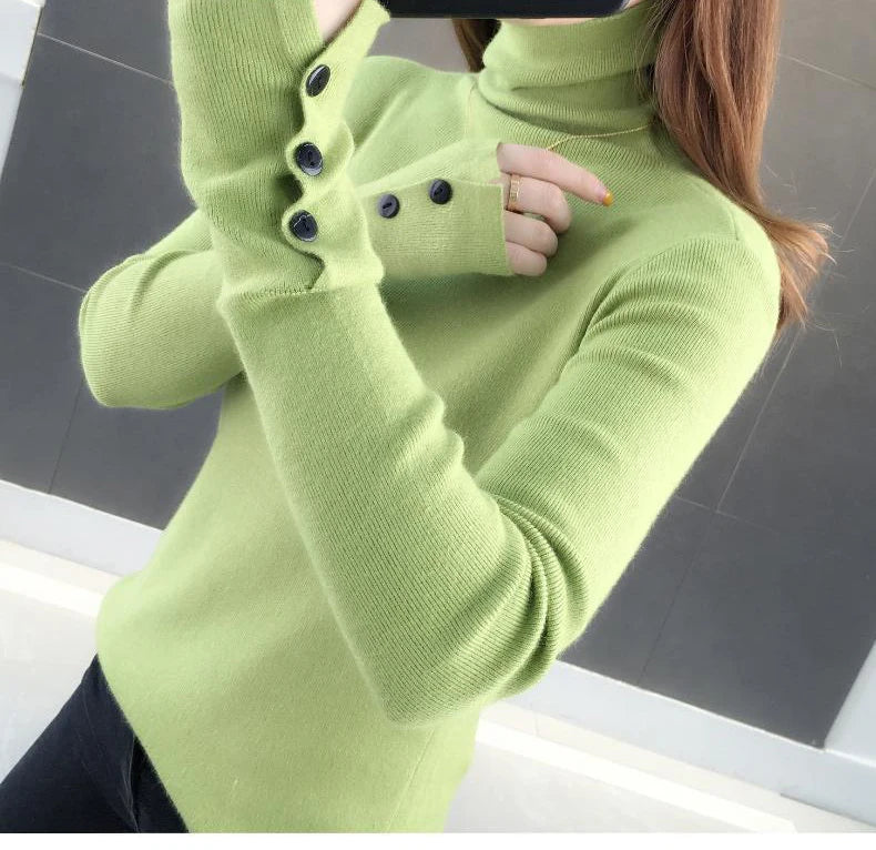 Heliar Dames Turtleneck Knopen Effen Warme Trui Lange Mouw Gebreid Basic