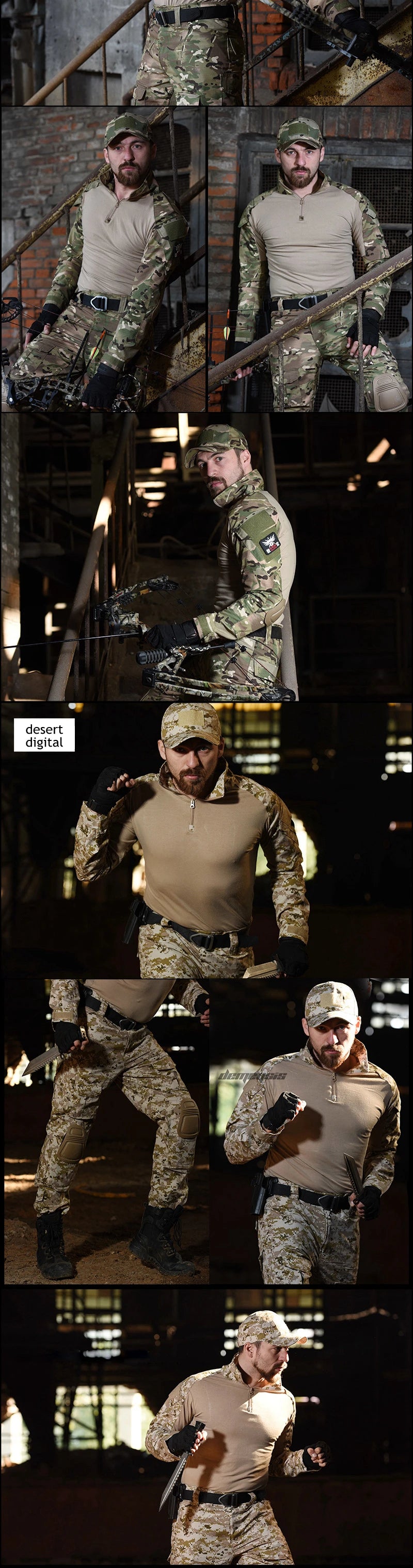 Tactical Camouflage Uniform Clothes Mens Outdoor Paintball Hunting Combat Shirt + Pants with Knee