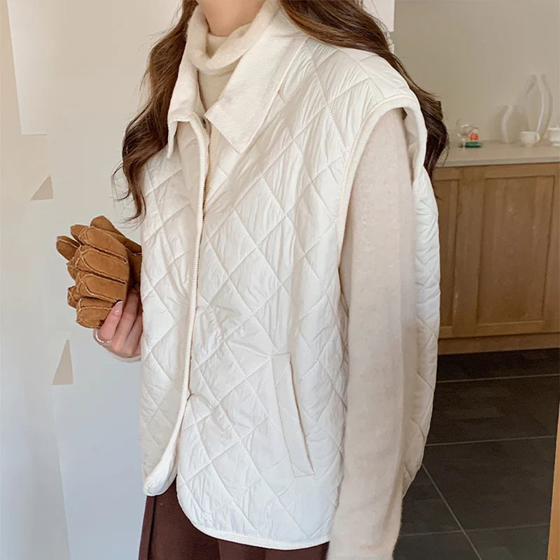 Koreaanse zakken mouwloos warm vest dames herfst winter omslagkraag