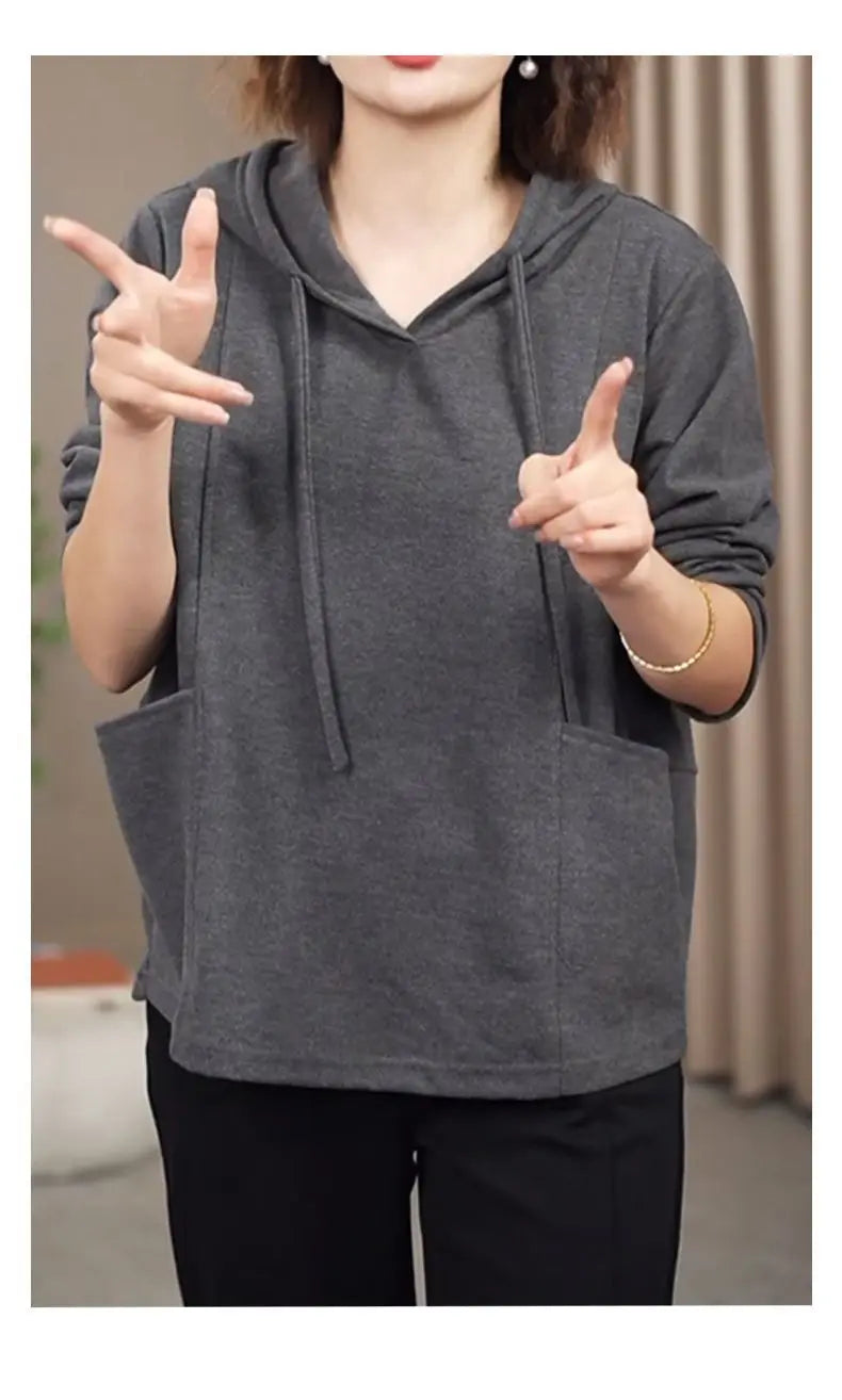 Large Pocket Meat covering Hooded Sweatshirt Women s Spring and Autumn Style Loose Hips Wear Tops