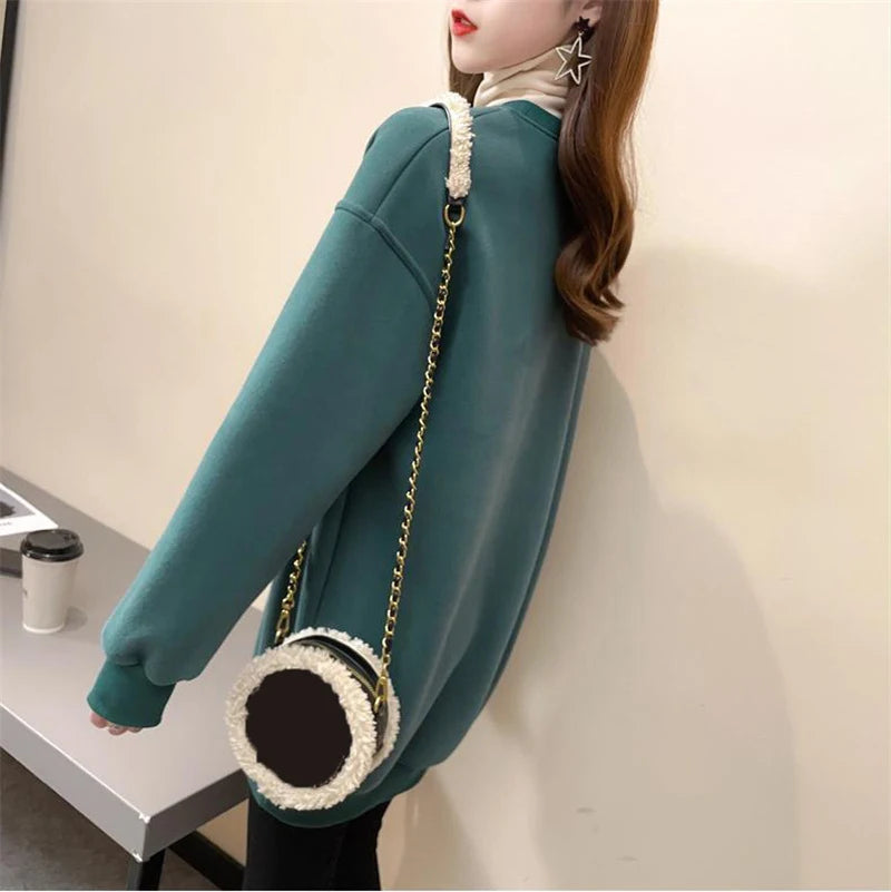 Autumn Winter High Collar Long Sleeve Fleece Thick Oversize Streetwear Female Sweatshirt Fake 2