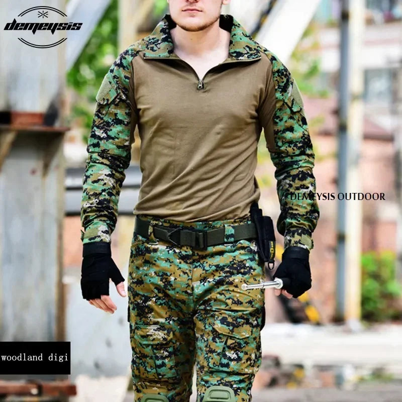 Woodland Camouflage Uniform Tactical Combat Suit Airsoft War Game Clothing Shirt + Pants Elbow