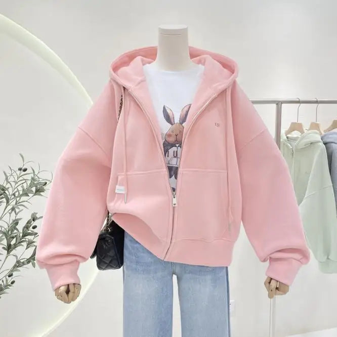 Ritsjack met capuchon, eenvoudig geborduurde letters, losse effen kleur, cardigan, trui, damestop