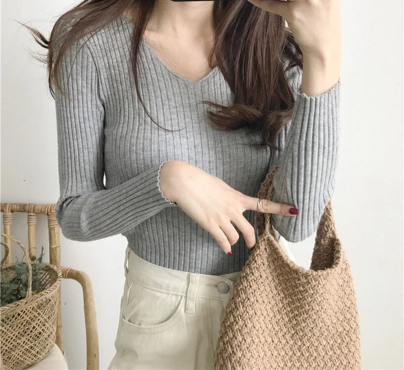 Heliar Dames V-hals Slim Sexy Trui Gebreid Lange Mouw Effen Onderkant Trui