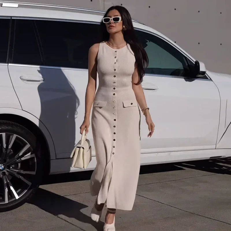 Elegante mouwloze enkelrijs geribbelde truien lange jurk voor dames hoog