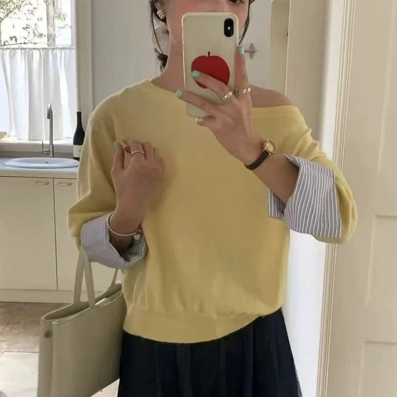 Полосатый свитер с плетением для женщин, модный свитер с открытыми плечами на весну и осень