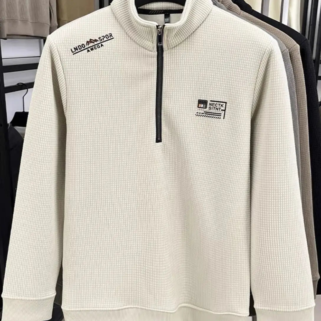 Men s Fleece Liner Sweatshirts Vintage Half Zipper Print Plaid Texture Thick Wool Warm Pullover