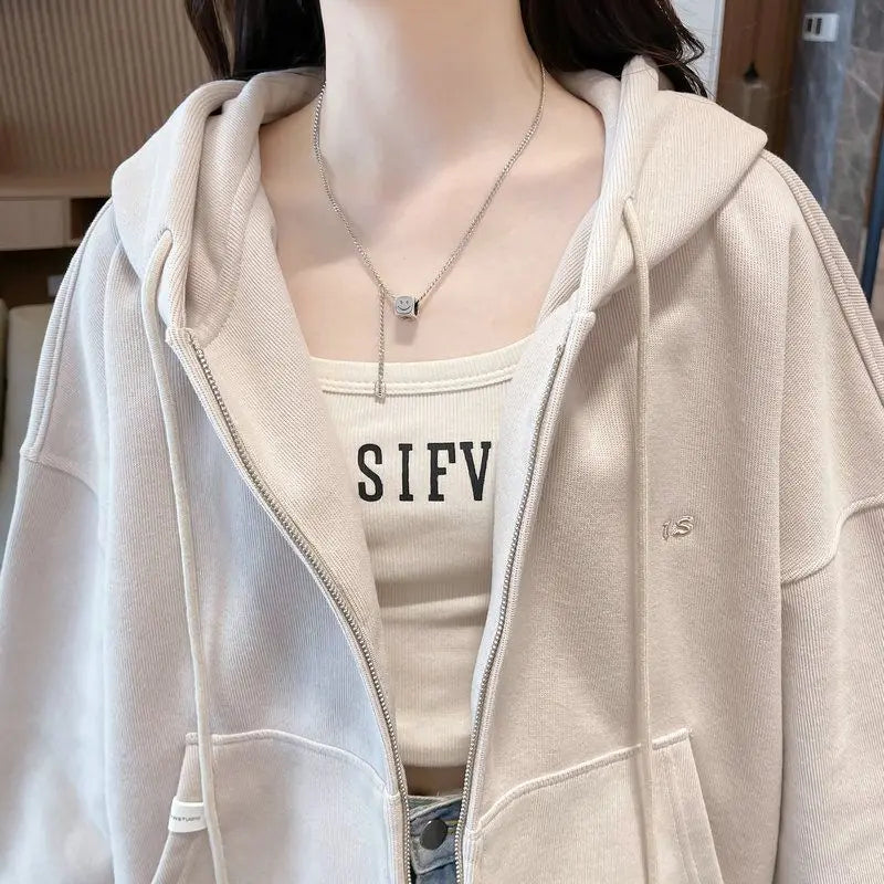Ritsjack met capuchon, eenvoudig geborduurde letters, losse effen kleur, cardigan, trui, damestop