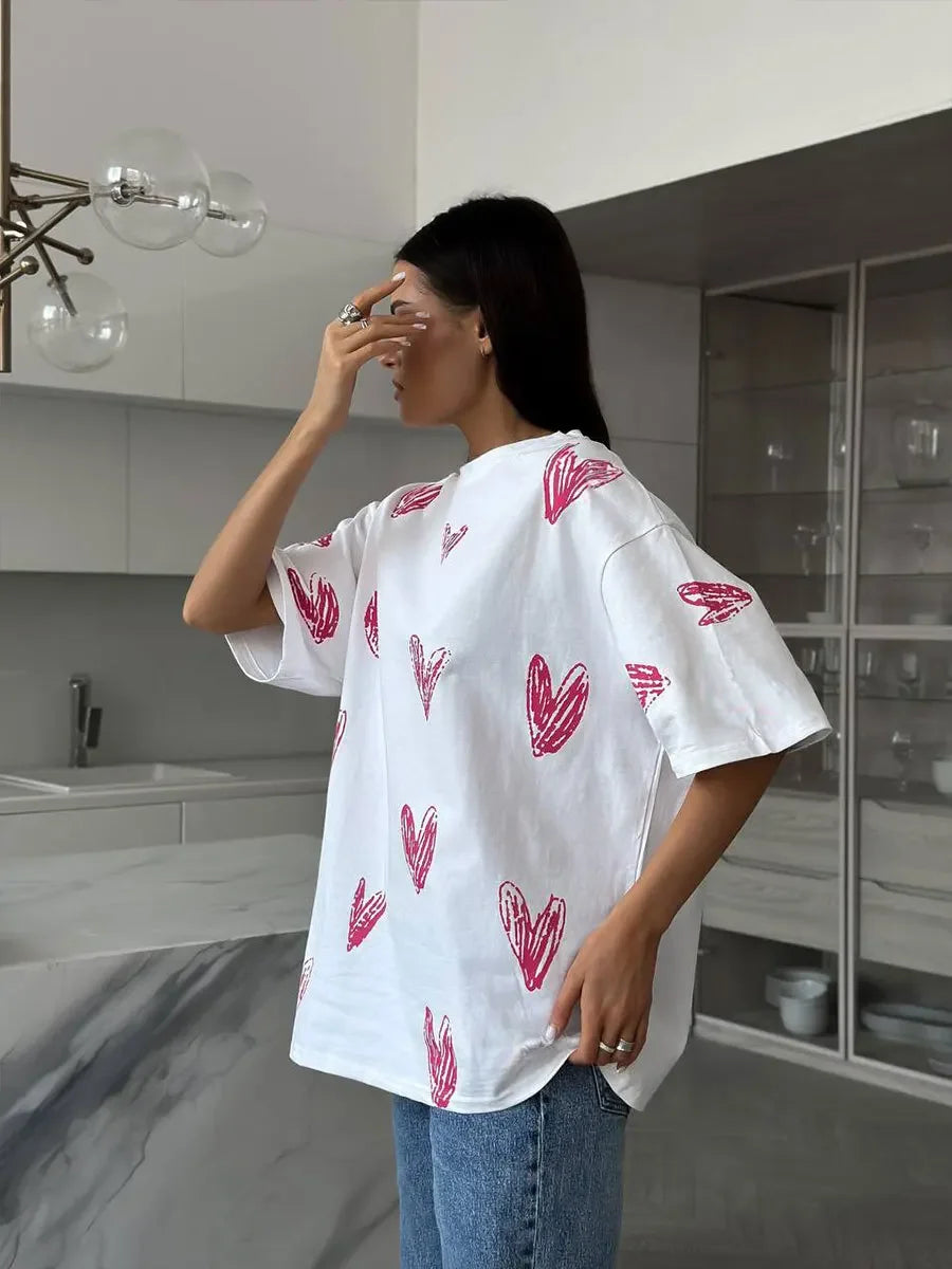 Bornladies Casual O-hals hartprint dames T-shirt zomer korte mouw los