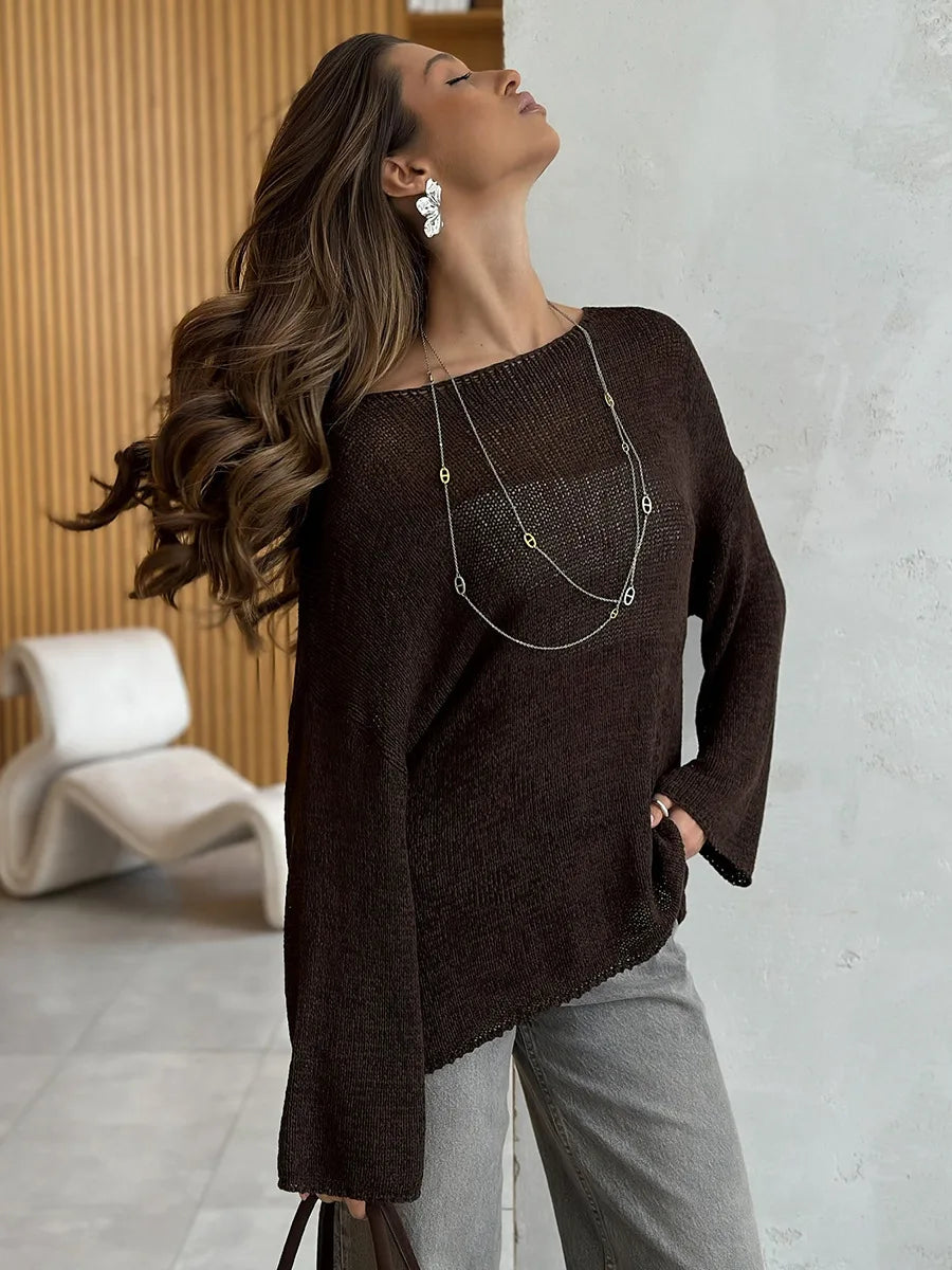 Bornladies Simple Solid Color Long Sleeved Sweater Women s Spring Knitted Hollow