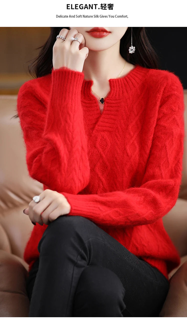 Pure Mink Cashmere Trui Dames V-hals Dikke Brei Trui Mode Jacquard