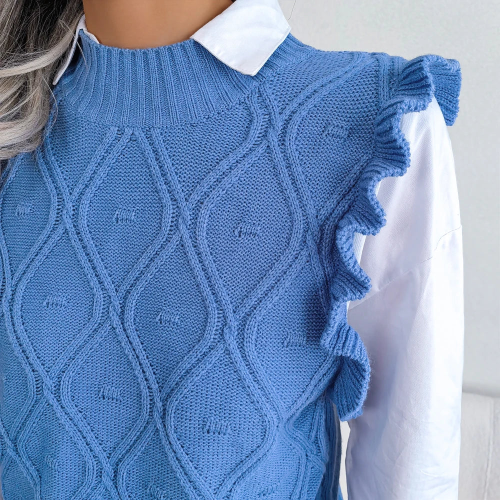 Женский повседневный свитер без рукавов с оборками, вязаный жилет, осень-зима