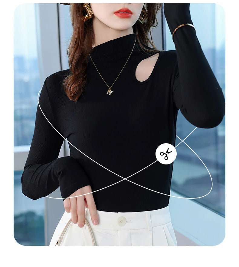 Dames Herfst Winter Bottoming Shirt Zwart Wit Casual Basic Slim Fluweel Thermisch